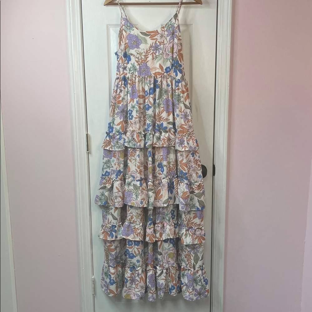 White Tiered Floral Print Maxi Dress Adjustable Spaghetti Straps Size Large